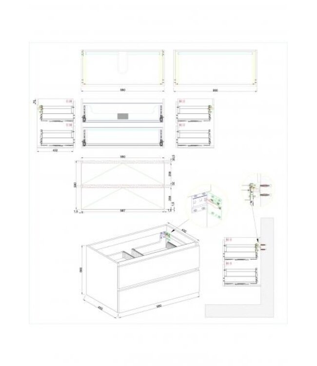 Wastafelonderkast Wiesbaden Marmaris 100x45cm⎢Mat Zwart⎢2 lades - 1 uitsparing - 32.3672