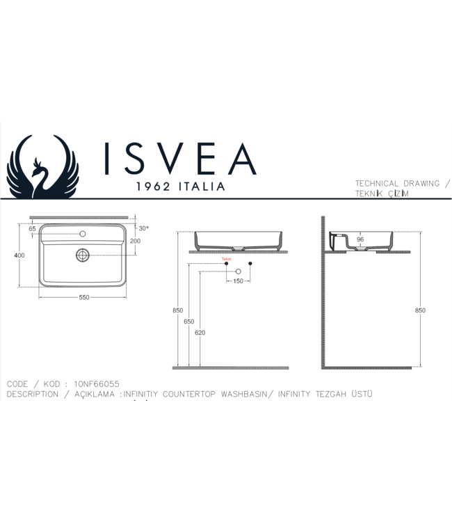 Isvea Wastafel Infinity Petrol Groen⎢Isvea Opbouw wasbak 55cm⎢met kraangat zonder overloop
