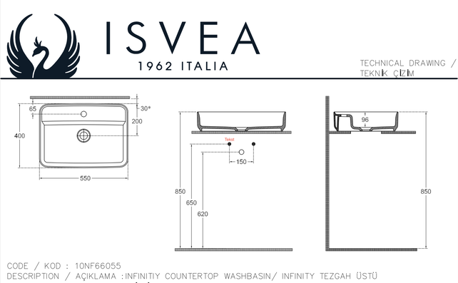 Wastafel Infinity Mat Zwart⎢Isvea Opbouw wasbak 55cm⎢met kraangat zonder overloop