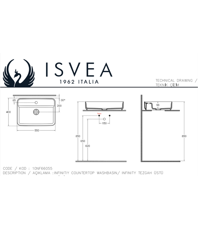 Wastafel Infinity Glans Wit⎢Isvea Opbouw wasbak 55cm⎢met kraangat zonder overloop