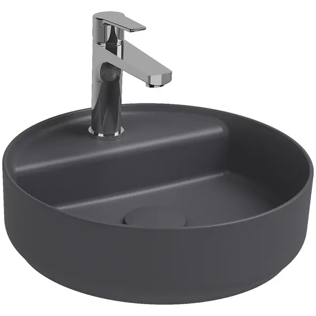 Wastafel Infinity Rond Mat Antraciet⎢Isvea Opbouw wasbak 42cm⎢met kraangat zonder overloop