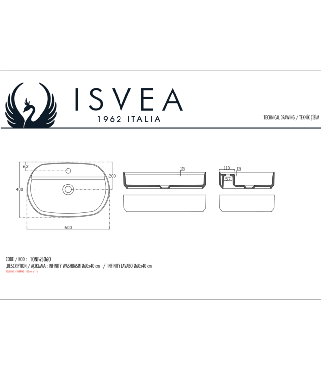 Isvea Wastafel Infinity Ovaal Mat Petrol Groen⎢Isvea Opbouw wasbak 60cm⎢met kraangat zonder overloop