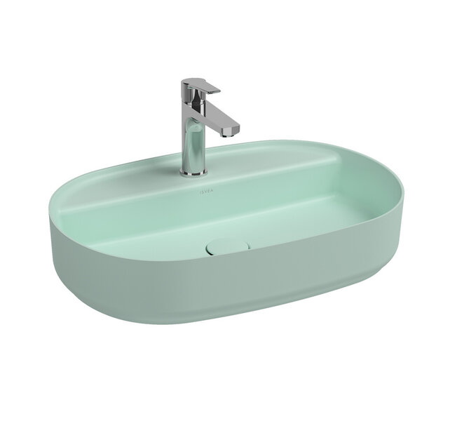 Wastafel Infinity Ovaal Mat Mint Groen⎢Isvea Opbouw wasbak 60cm⎢met kraangat zonder overloop Wastafel Infinity Ovaal Mat Mint Groen⎢Isvea Opbouw wasbak 60cm⎢met kraangat zonder overloop
