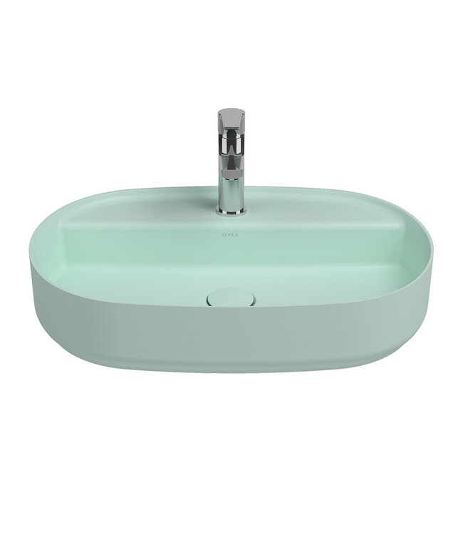 Isvea Wastafel Infinity Ovaal Mat Mint Groen⎢Isvea Opbouw wasbak 60cm⎢met kraangat zonder overloop