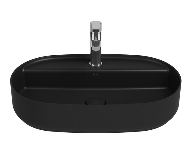 Wastafel Infinity Ovaal Mat Zwart⎢Isvea Opbouw wasbak 60cm⎢met kraangat zonder overloop
