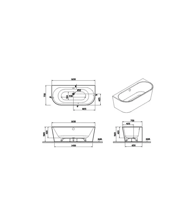 Half Vrijstaand Bad Wit⎢165x75x56cm⎢Vitra Geo⎢Acryl incl. afsluitbare sifon