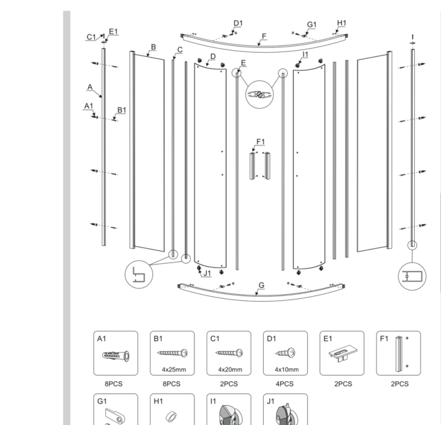 Douchecabine Milano Kwartrond 100x100cm Mat Zwart Schuifdeur Hoekinstap Nano-Coating