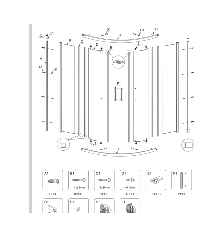 Douchecabine Milano Kwartrond 100x100cm Mat Zwart Schuifdeur Hoekinstap Nano-Coating