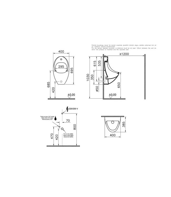 VITRA Urinoir met Sensor Vitra Arkitekt – Geïntegreerde Spoeling met Netvoeding