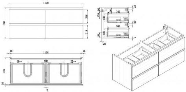 Wastafelonderkast 120cm Glans Wit⎢Wiesbaden Vision⎢onderkast met 4 laden - 38.3903