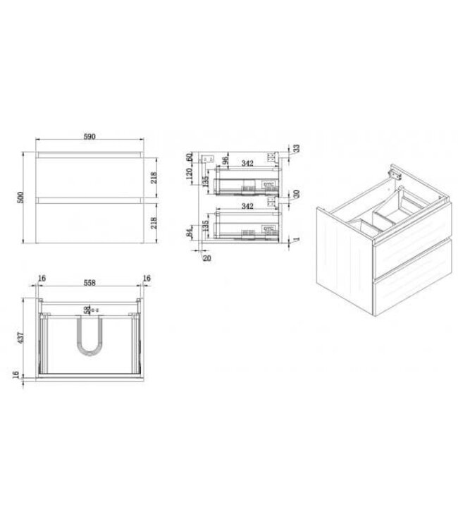 Wastafelonderkast 60cm Glans Wit⎢Wiesbaden Vision⎢onderkast met 2 laden - 38.3900