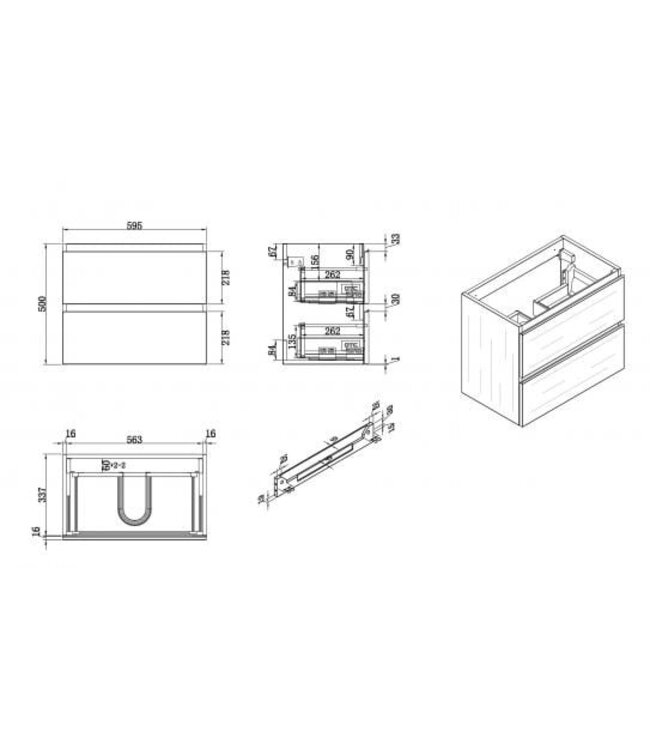 Ondiep Wastafelonderkast 60cm Glans Wit⎢Wiesbaden Shall⎢Onderkast met 2 laden - 38.4020
