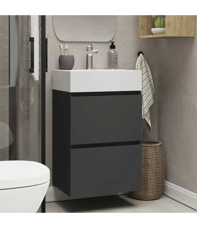 Wiesbaden Badkamermeubel Mini 45x35cm Mat Zwart - Onderkast met 2 laden en wastafel keramiek - 38.4303