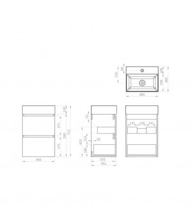 Wiesbaden Badkamermeubel Mini 45x35cm Glans Wit- Onderkast met 2 laden en wastafel keramiek - 38.4304