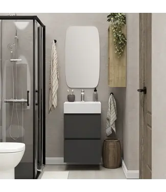 Wiesbaden Wiesbaden Badkamermeubel set Mini 45x35cm Mat Zwart - Onderkast met 2 laden en wastafel keramiek incl. Spiegel - 38.4305