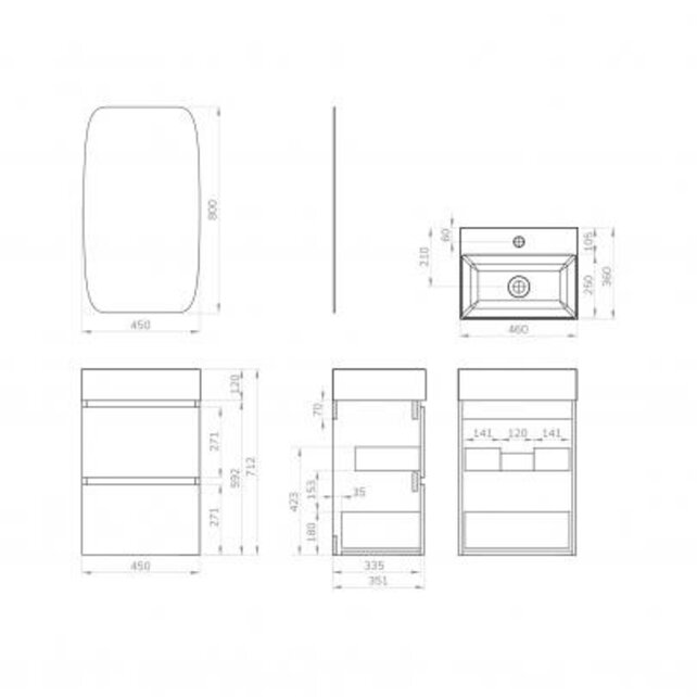 Wiesbaden Badkamermeubel set Mini 45x35cm Mat Zwart - Onderkast met 2 laden en wastafel keramiek incl. Spiegel - 38.4305