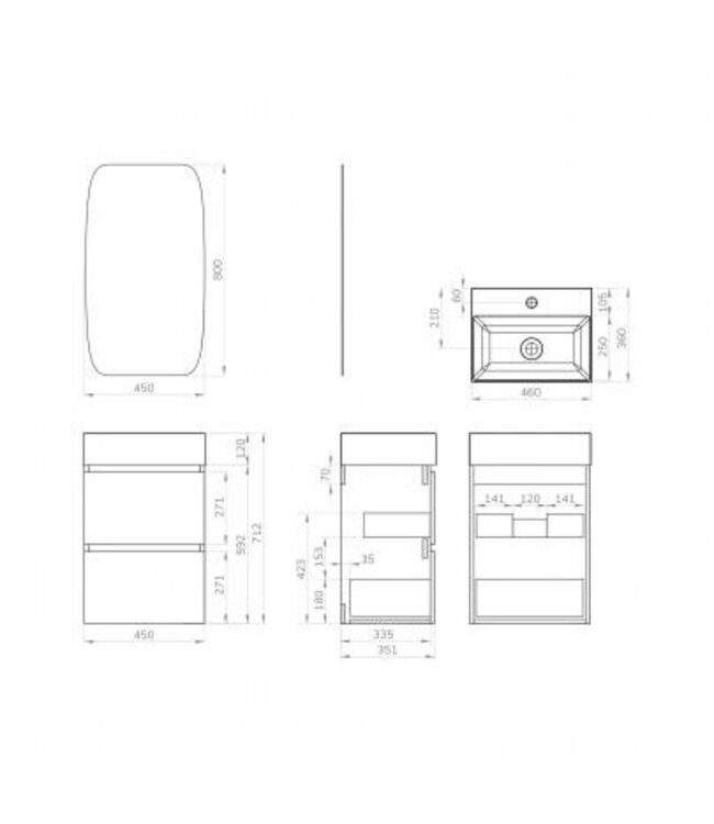Wiesbaden Badkamermeubel set Mini 45x35cm Mat Zwart - Onderkast met 2 laden en wastafel keramiek incl. Spiegel - 38.4305