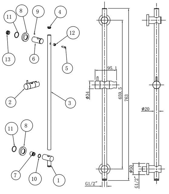 Douchestang Caral Geborsteld Messing glijstang met wateraansluiting en handdouchehouder - 29.3854 Douchestang Caral Geborsteld Messing glijstang met wateraansluiting en handdouchehouder - 29.3854