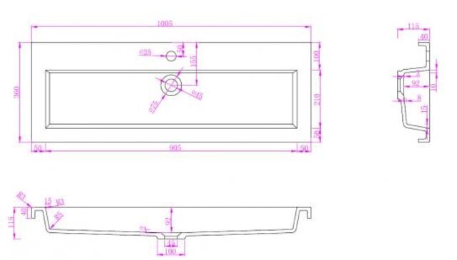 Ondiep Wastafel Wiesbaden Flag - 100x36x4 cm  - met 1 kraangat  K
