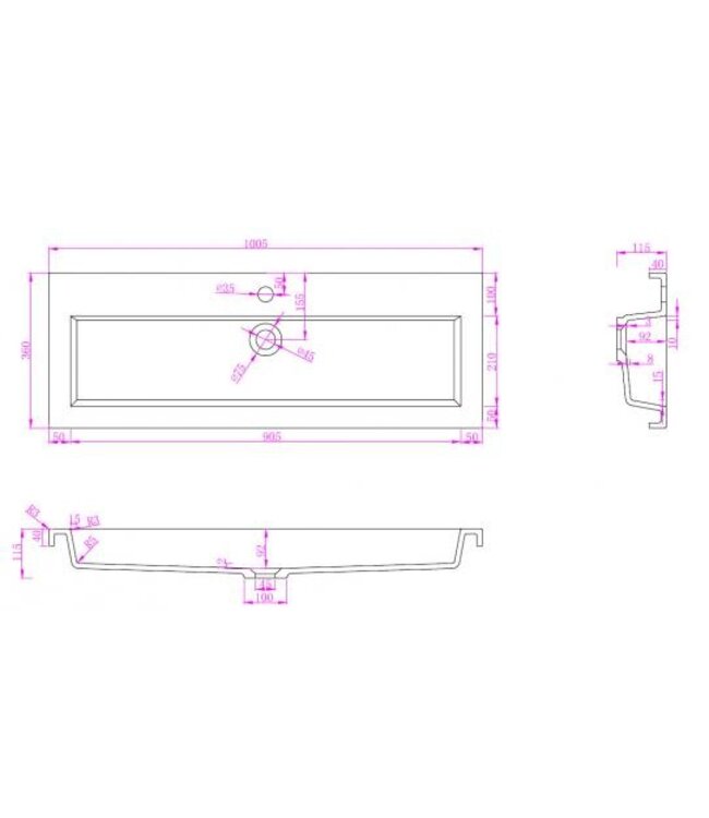 Ondiep Wastafel Wiesbaden Flag - 100x36x4 cm  - met 1 kraangat  K