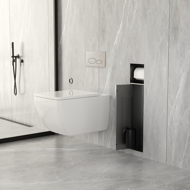 Inbouw Wc borstel houder Rocko Gunmetal met Toiletrolhouder Wiesbaden Rocko - Betegelbaar - 33.2133