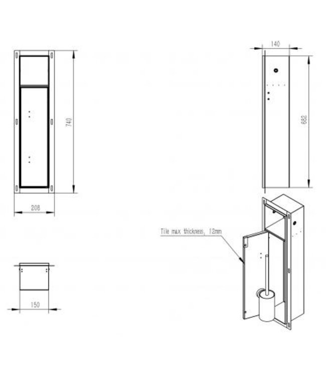 Inbouw Wc borstel houder Rocko RVS met Toiletrolhouder Wiesbaden Rocko - Betegelbaar - 33.2130