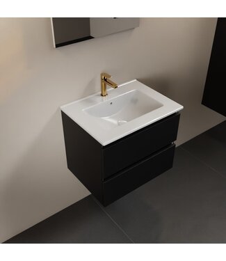 MONDIAZ Mondiaz Badkamermeubel AIVY Mat Zwart 60cm met Wastafel wastafel glanzend wit keramiek 1 kraangat