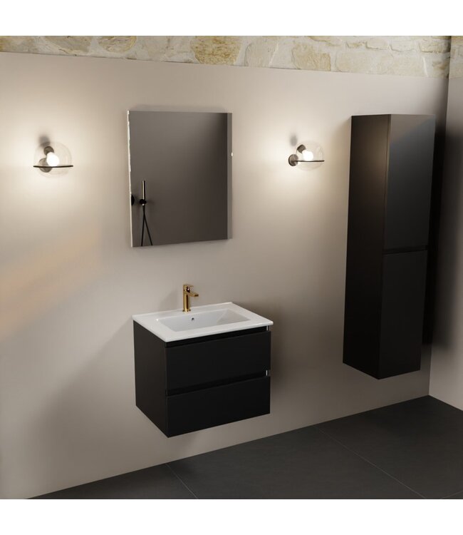 Mondiaz Badkamermeubel AIVY Mat Zwart 60cm met Wastafel wastafel glanzend wit keramiek 1 kraangat