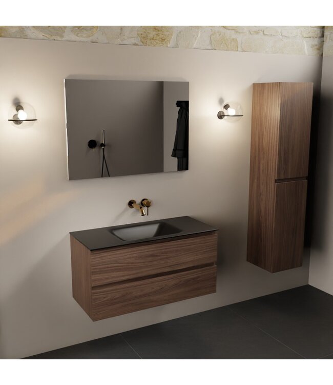 Mondiaz Badkamermeubel AIVY Mocha 100cm met Wastafel Mat Zwart kraangat 0