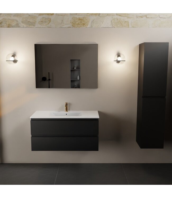 Mondiaz Badkamermeubel AIVY Urban Mat Zwart 100cm met Wastafel Wit met kraangat