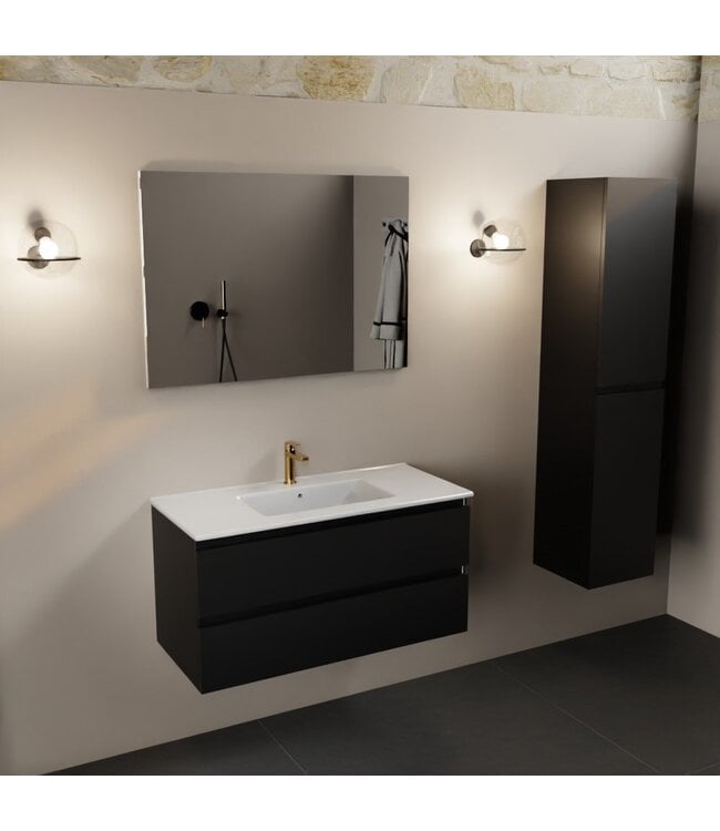 Mondiaz Badkamermeubel AIVY Urban Mat Zwart 100cm met Wastafel Wit met kraangat