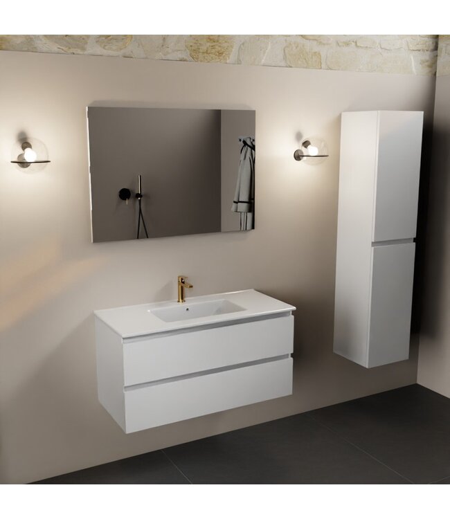 Mondiaz Badkamermeubel AIVY Talc Mat Wit 100cm met Wastafel Wit met kraangat