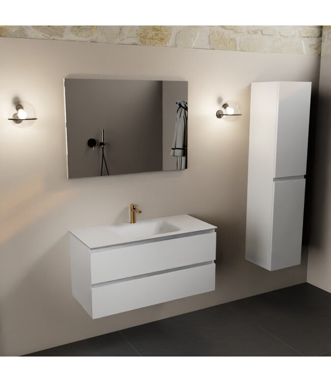 Mondiaz Badkamermeubel AIVY Talc Mat Wit 100cm met Wastafel Wit met kraangat