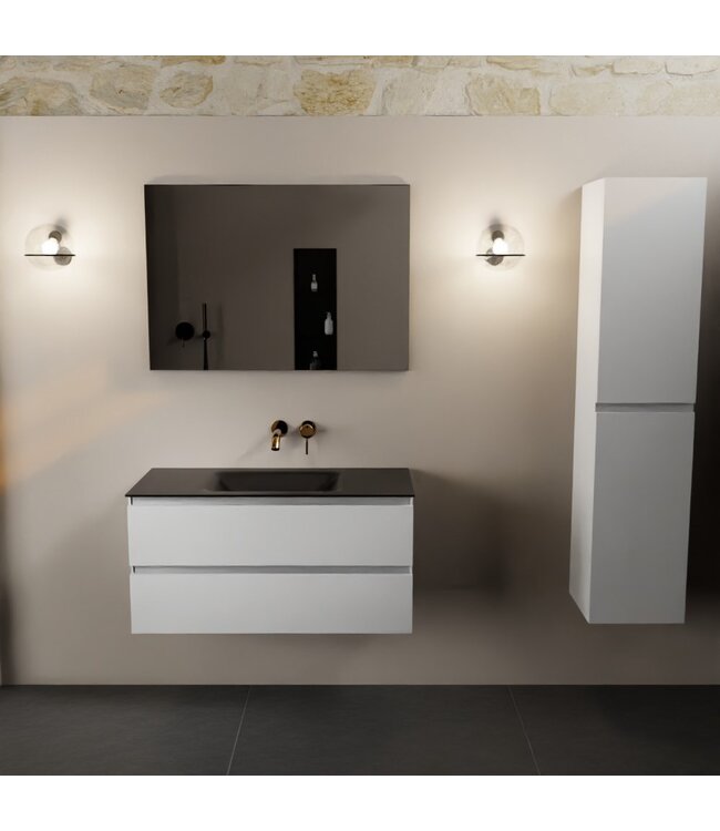 Mondiaz Badkamermeubel AIVY Talc Mat Wit 100cm met Wastafel Mat Zwart kraangat 0