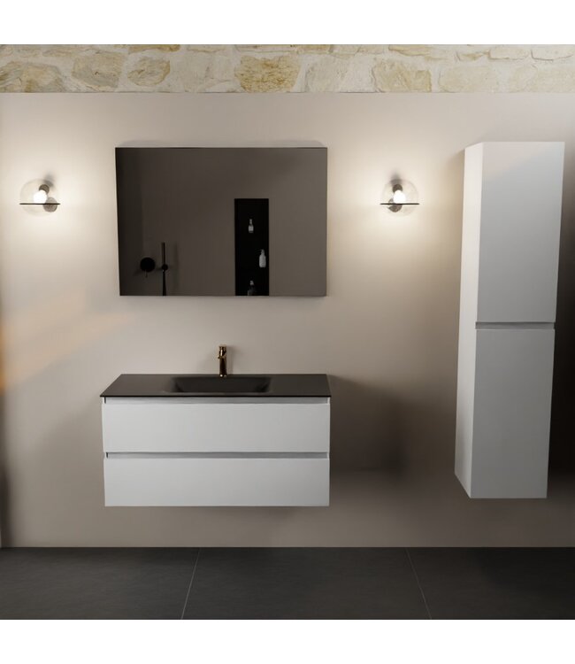Mondiaz Badkamermeubel AIVY Talc Mat Wit 100cm met Wastafel Mat Zwart met kraangat