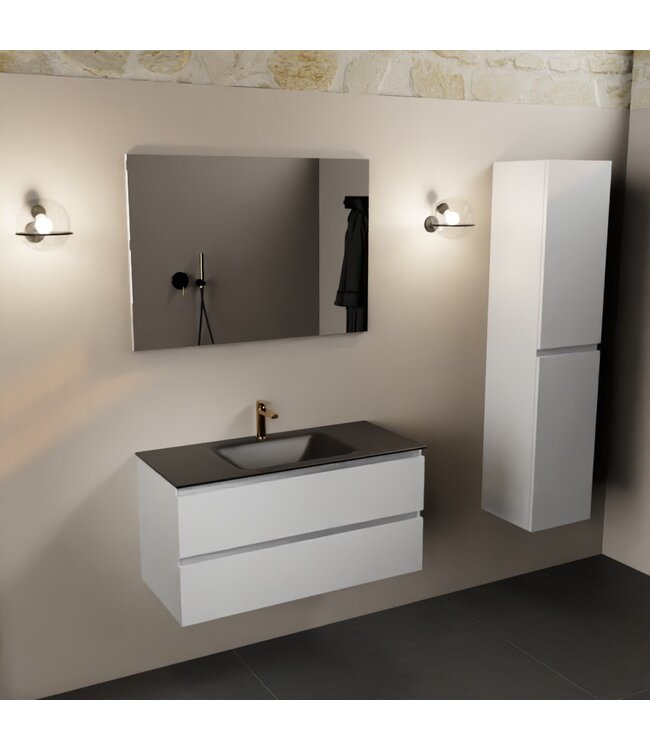 Mondiaz Badkamermeubel AIVY Talc Mat Wit 100cm met Wastafel Mat Zwart met kraangat