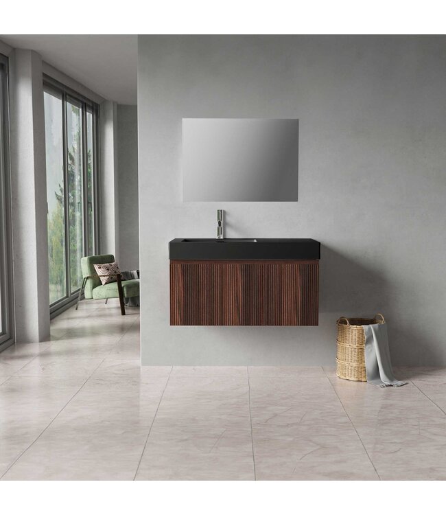 Badkamermeubel Ela Walnoot 80cm Ribbelfront - Wastafel Mat Zwart met kraangat