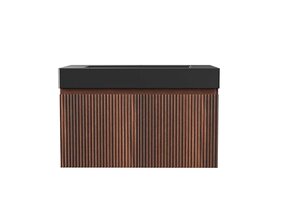 Badkamermeubel Ela Walnoot 80cm Ribbelfront - Wastafel Mat Zwart met kraangat