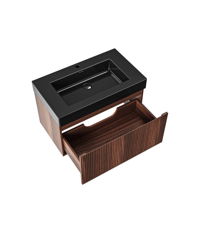 Badkamermeubel Ela Walnoot 80cm Ribbelfront - Wastafel Mat Zwart met kraangat