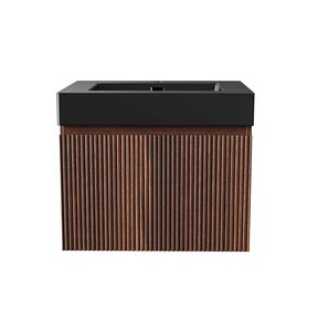 Badkamermeubel Ela Walnoot 60cm Ribbelfront - Wastafel Mat Zwart met kraangat