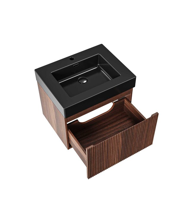 Badkamermeubel Ela Walnoot 60cm Ribbelfront - Wastafel Mat Zwart met kraangat