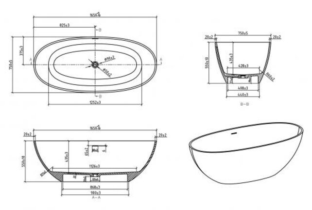 Vrijstaande Bad Chiek Ovaal 165x75x55cm Mat Wit - Solid surface - 36.4003