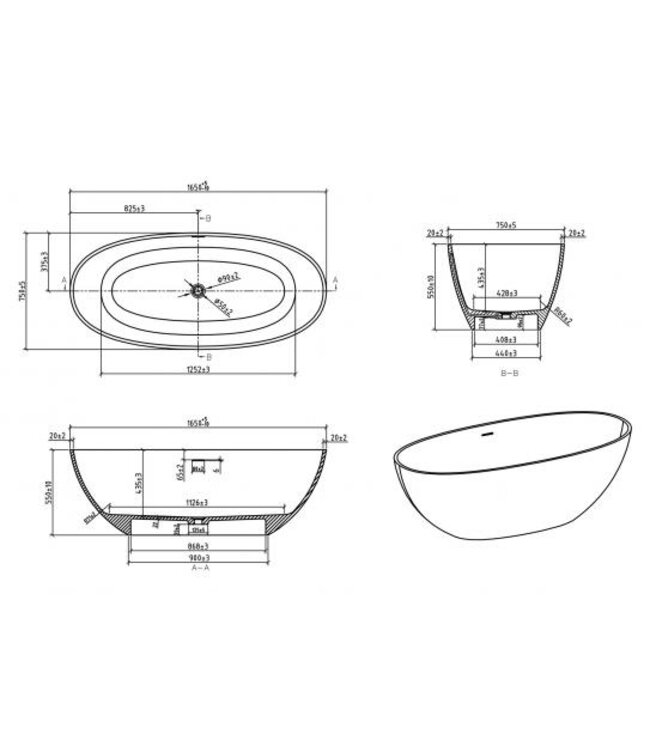 Vrijstaande Bad Chiek Ovaal 165x75x55cm Mat Wit - Solid surface - 36.4003