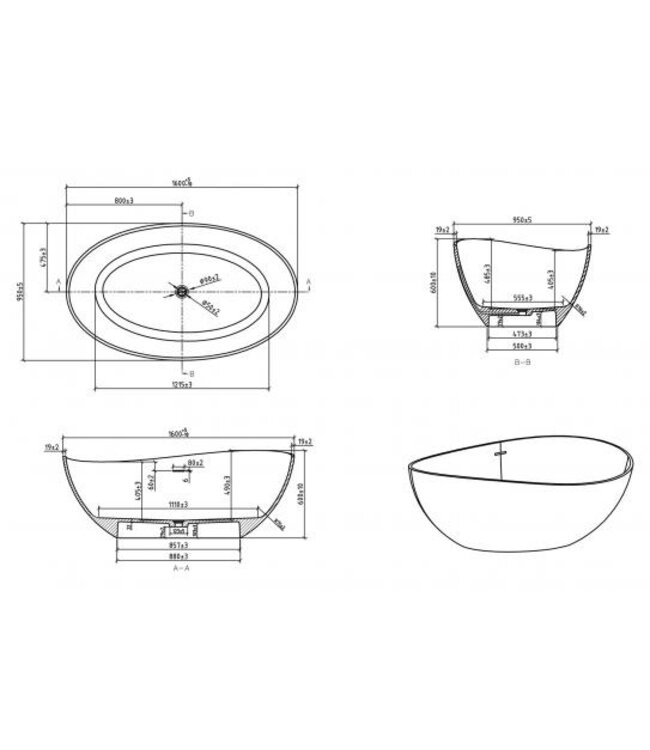 Vrijstaande Bad Waive Ovaal 160x95x60cm Mat Wit - Solid surface - 36.4002