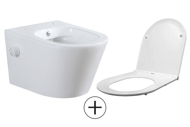 Bidet wc Wiesbaden Vesta Glans Wit met geïntegreerde kraan Warm/Koud Randloos Incl. Wc-bril Flatline - 32.3345