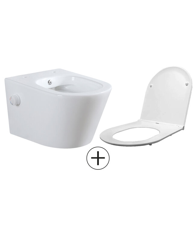 Bidet wc Wiesbaden Vesta Glans Wit met geïntegreerde kraan Warm/Koud Randloos Incl. Wc-bril Flatline - 32.3345