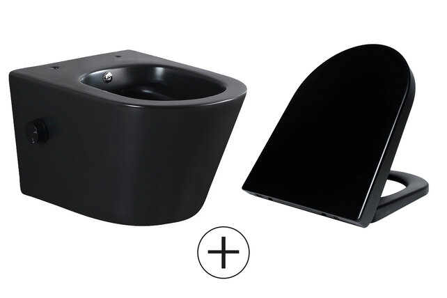 Bidet wc Wiesbaden Vesta Mat Zwart met geïntegreerde kraan Koud Randloos Incl. Wc-bril - 32.3332