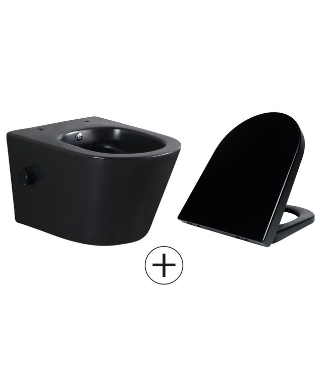 Bidet wc Wiesbaden Vesta Mat Zwart met geïntegreerde kraan Koud Randloos Incl. Wc-bril - 32.3332