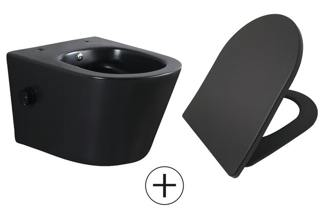 Bidet wc Wiesbaden Vesta Mat Zwart met geïntegreerde kraan Koud Randloos Incl. Shade Wc-bril - 32.3335 Bidet wc Wiesbaden Vesta Mat Zwart met geïntegreerde kraan Koud Randloos Incl. Shade Wc-bril - 32.3335
