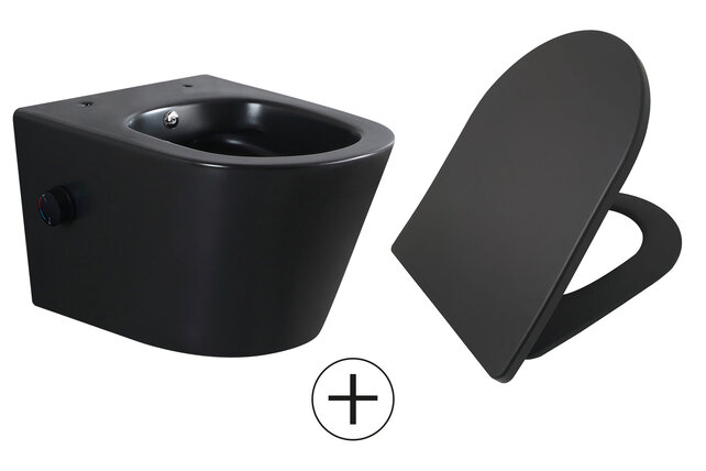 Bidet wc Wiesbaden Vesta Mat Zwart met geïntegreerde kraan Warm/Koud Randloos Incl. Shade Wc-bril - 32.3343